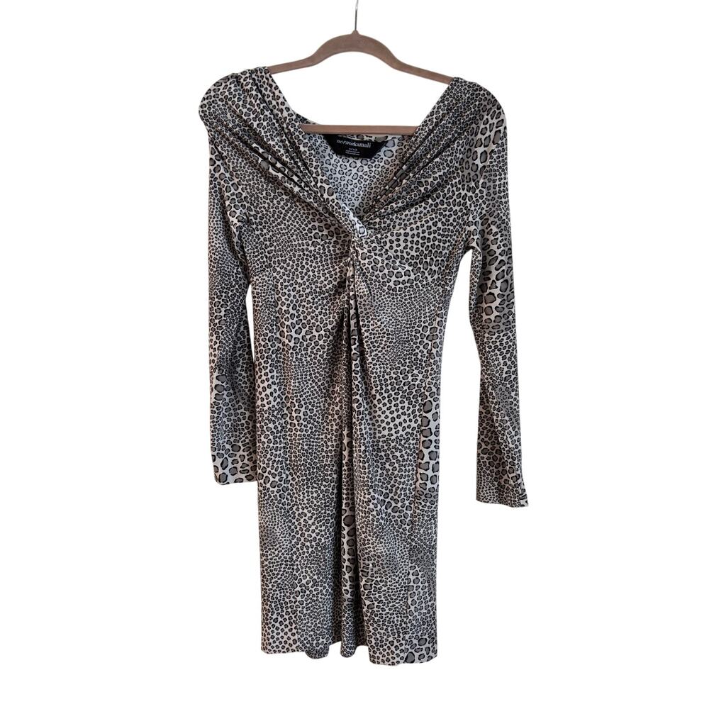 Norma Kamali Animal Print Pattern Gray Dress Long Sleeve Knotted Layered Back XS